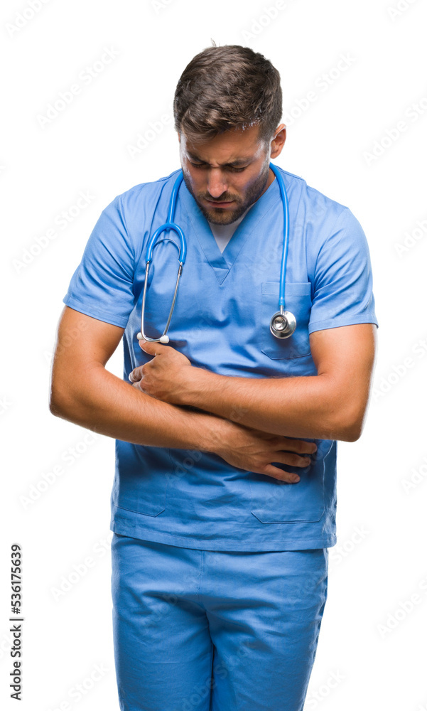 Young handsome doctor surgeon man over isolated background with hand on stomach because nausea, painful disease feeling unwell. Ache concept. Young handsome doctor surgeon man over isolated background with hand on stomach because nausea, painful disease feeling unwell. Ache concept.