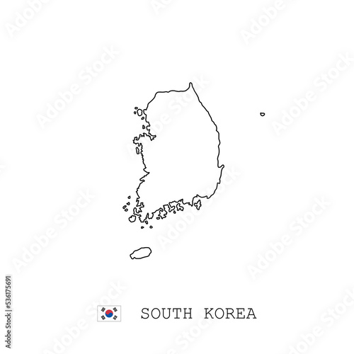 South Korea vector map outline, line, linear. South Korea black map on white background. South Korea flag