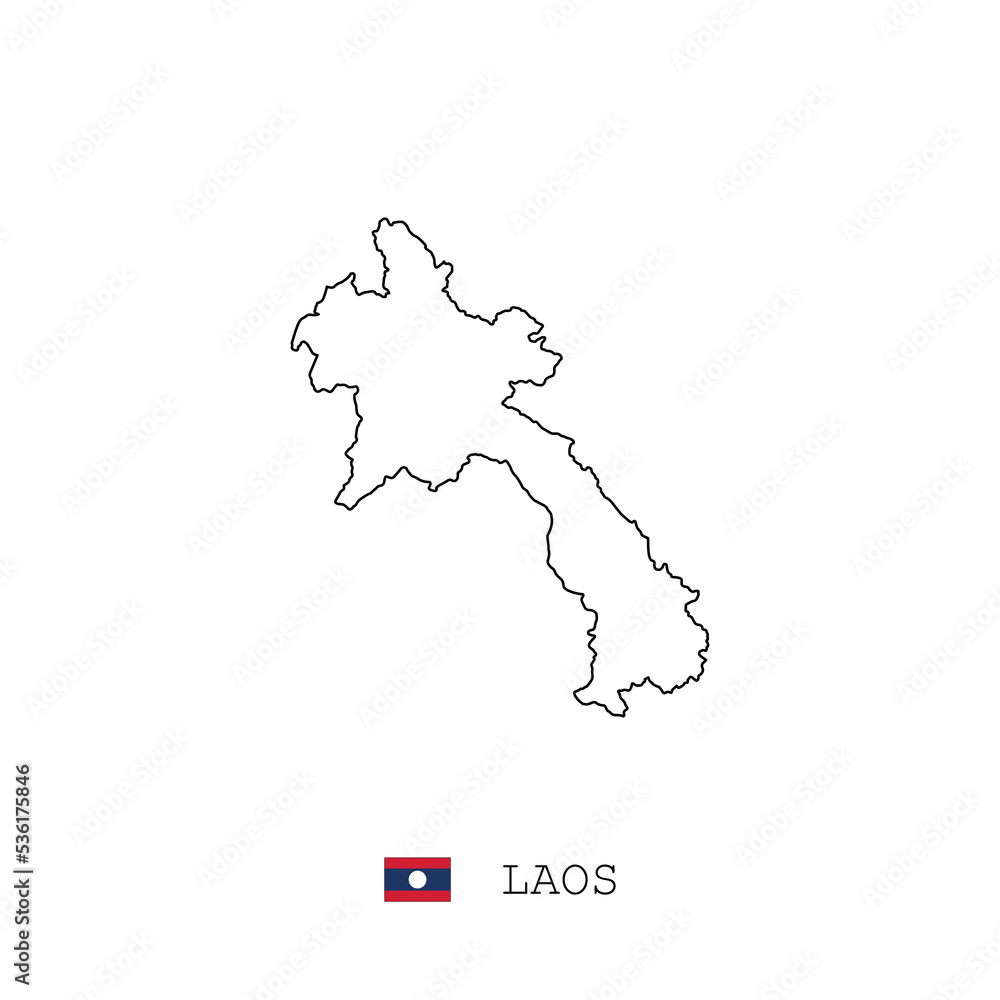 Laos vector map outline, line, linear. Laos black map on white background. Laos flag