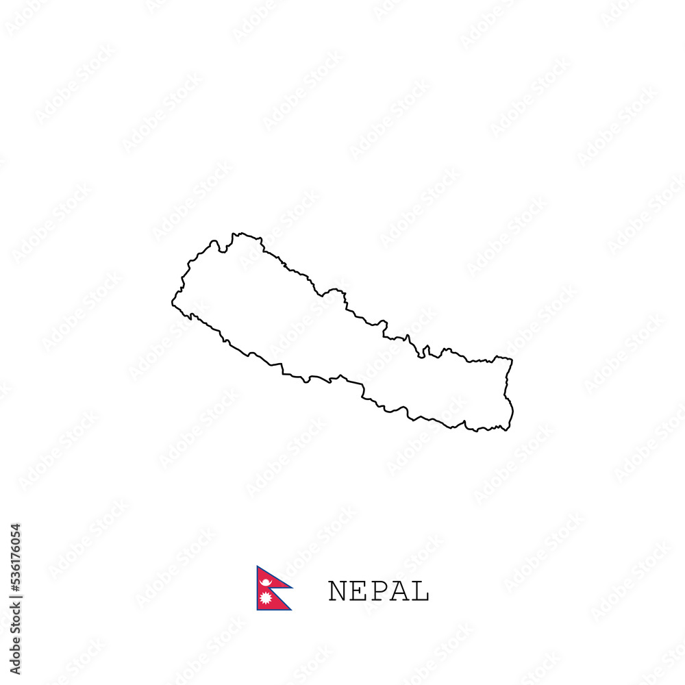 Nepal vector map outline, line, linear. Nepal black map on white background. Nepal flag