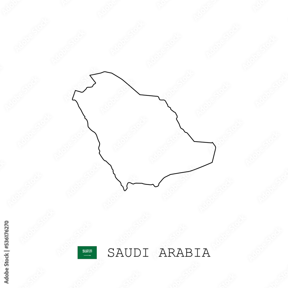 Saudi Arabia vector map outline, line, linear. Saudi Arabia black map on white background. Saudi Arabia flag