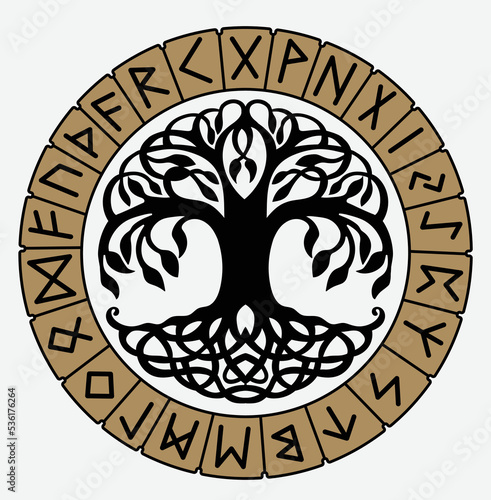 Yggdrasil, the tree of life. Vikings symbol Odin,with futhark runes  photo