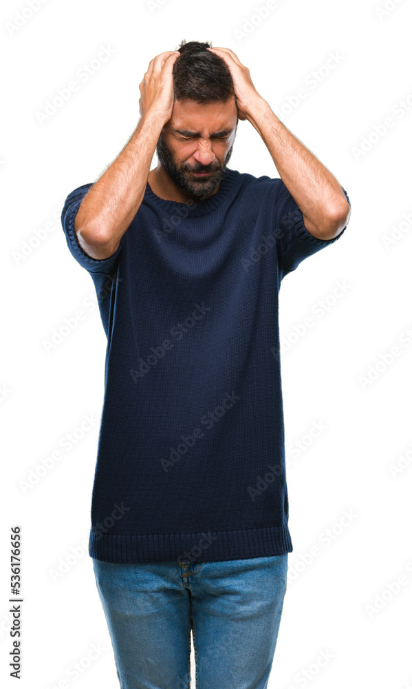 Fototapeta premium Adult hispanic man over isolated background suffering from headache desperate and stressed because pain and migraine. Hands on head.