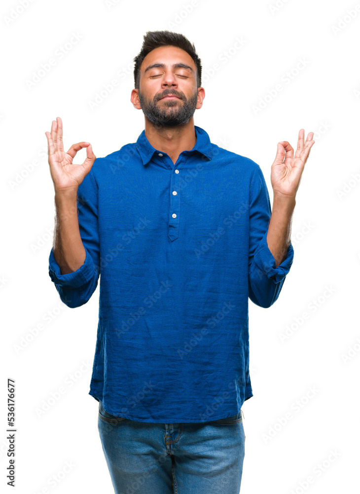 Adult hispanic man over isolated background relax and smiling with eyes closed doing meditation gesture with fingers. Yoga concept. Adult hispanic man over isolated background relax and smiling with eyes closed doing meditation gesture with fingers. Yoga concept.