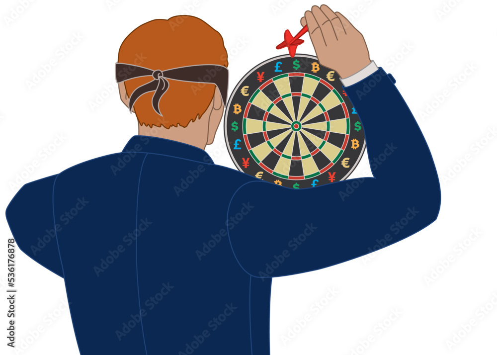 businessman wearing blindfold throwing dart at dart board with