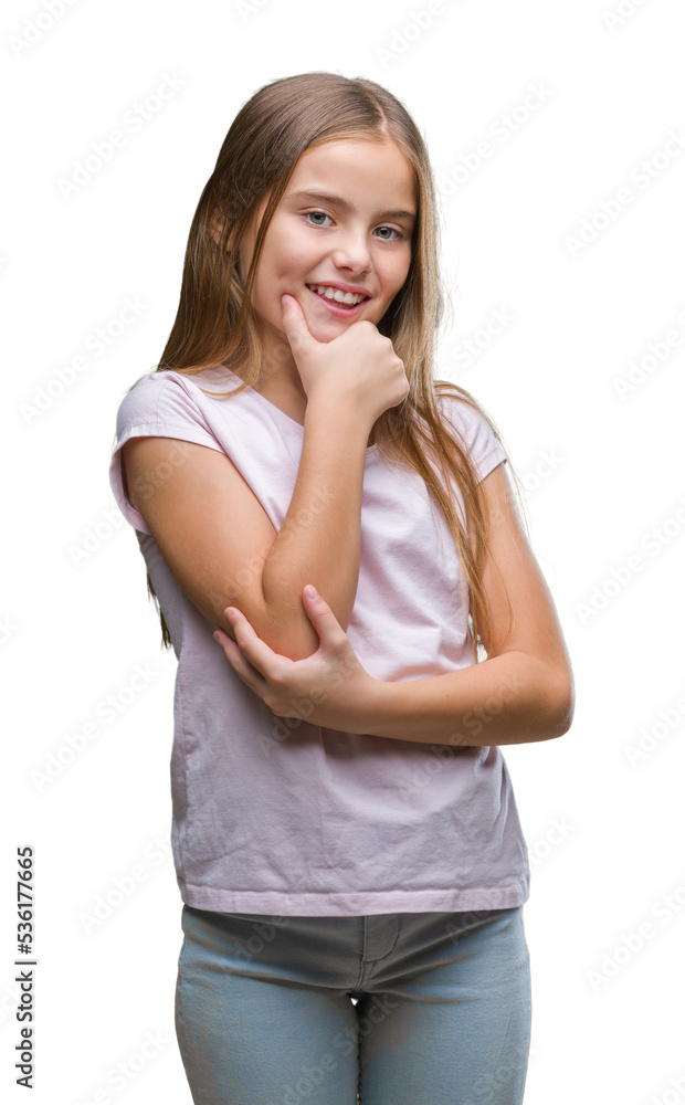 Young beautiful girl over isolated background looking confident at the camera with smile with crossed arms and hand raised on chin. Thinking positive.