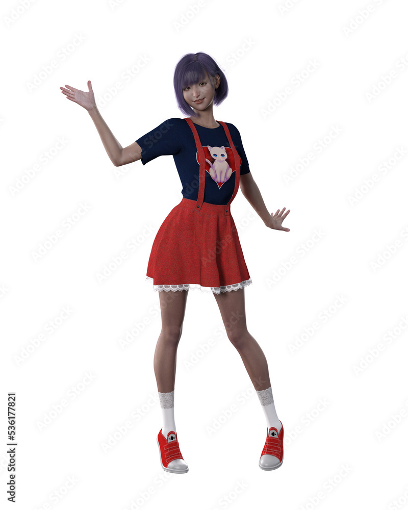 Happy pretty young Asian woman in kawaii fashion clothes. 3D illustration isolated.