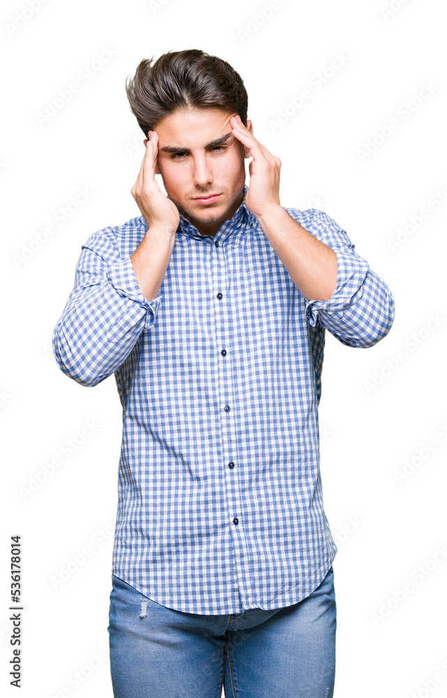 Young handsome business man over isolated background with hand on head for pain in head because stress. Suffering migraine. Young handsome business man over isolated background with hand on head for pain in head because stress. Suffering migraine.