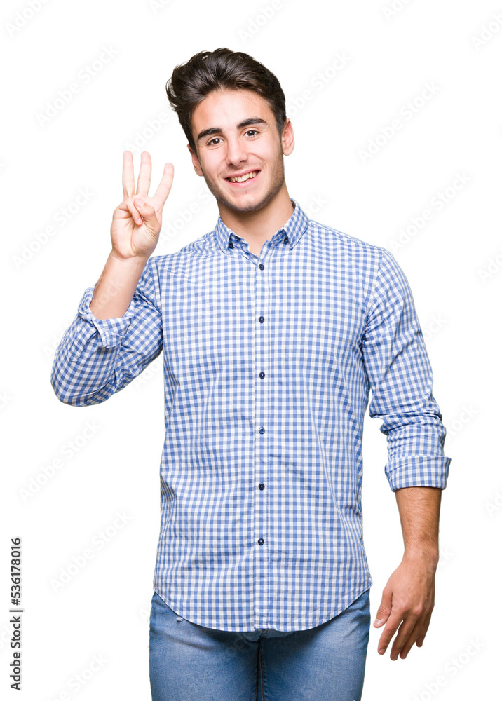 Young handsome business man over isolated background showing and pointing up with fingers number three while smiling confident and happy. Young handsome business man over isolated background showing and pointing up with fingers number three while smiling confident and happy.