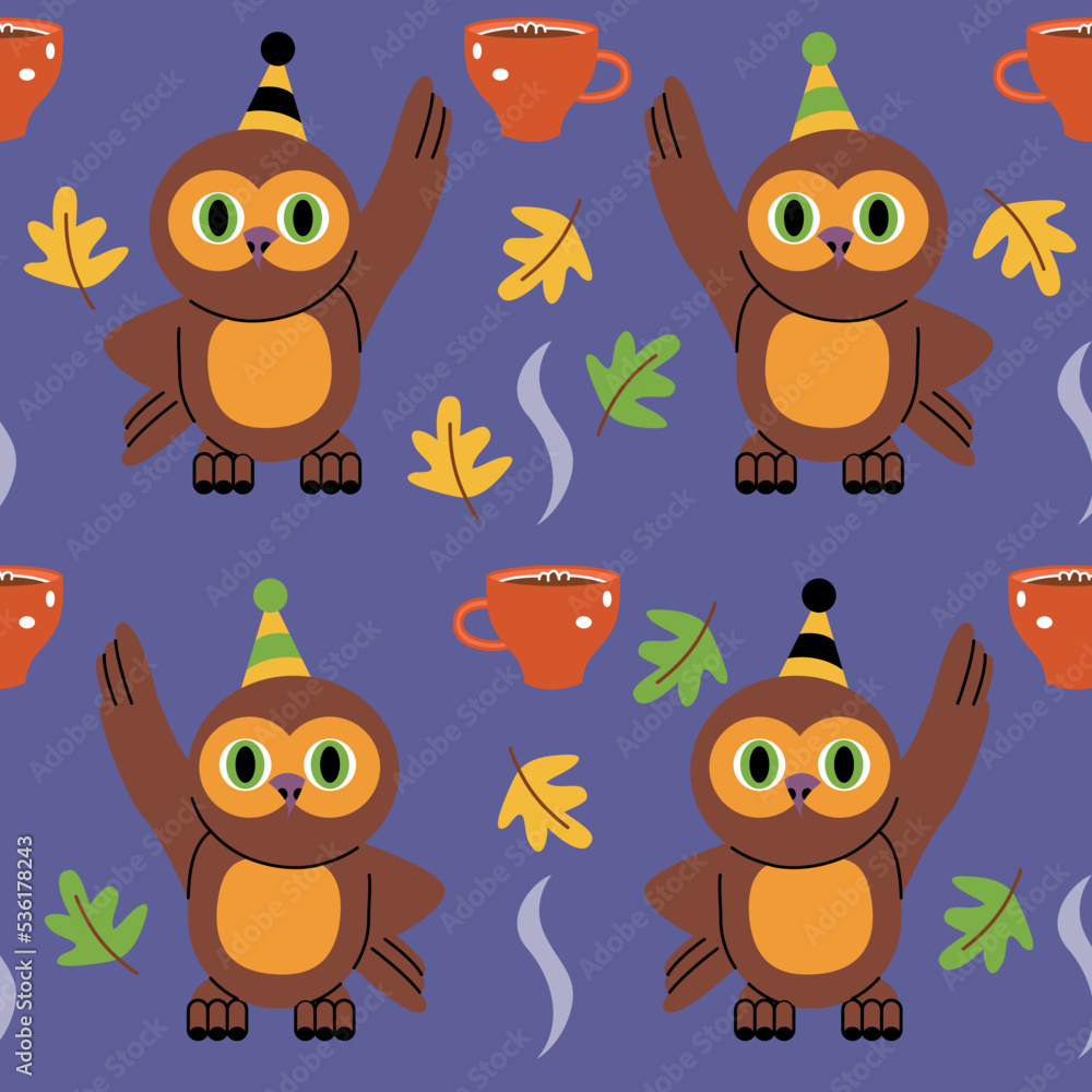 Fototapeta premium Cartoon owl seamless pattern. Vector illustration