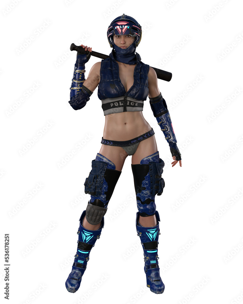 Portrait of futuristic cyberpunk police woman standing in sci-fi uniform with baton resting on her shoulder. 3D rendering isolated. Portrait of futuristic cyberpunk police woman standing in sci-fi uniform with baton resting on her shoulder. 3D rendering isolated.