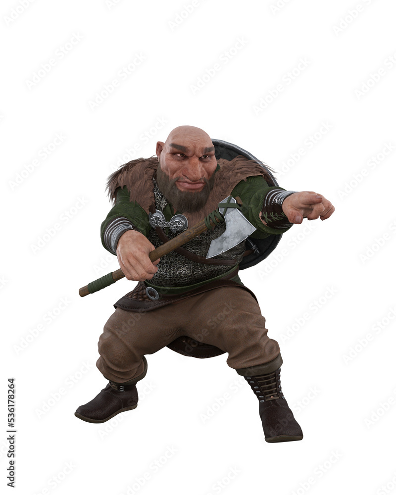Fantasy warrior dwarf wearing armour with shield on his back, holding a battle axe and pointing at something. 3D rendering isolated on on transparent background. Fantasy warrior dwarf wearing armour with shield on his back, holding a battle axe and pointing at something. 3D rendering isolated on on transparent background.