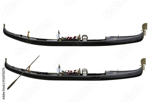Gondola canal boat with and without oar. 3D rendering isolated.