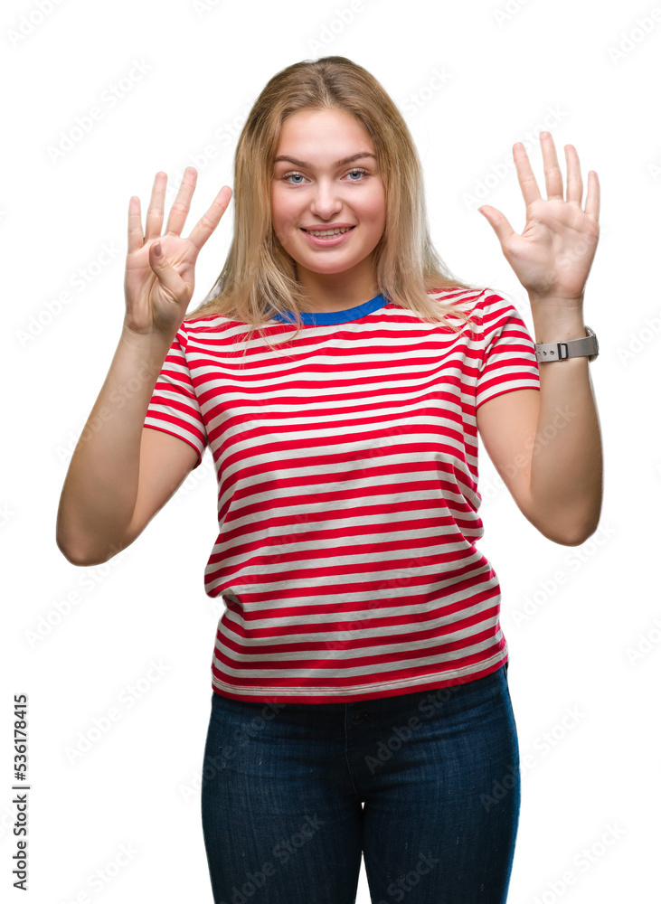 Young caucasian woman over isolated background showing and pointing up with fingers number nine while smiling confident and happy. Young caucasian woman over isolated background showing and pointing up with fingers number nine while smiling confident and happy.