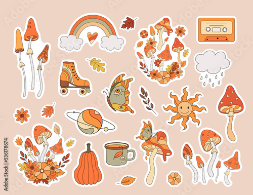 Set of 70s autumn vibe stickers. Retro mushroom  rainbow  pumpkin  butterfly  planet  roller skate in hippy style. Vintage psychedelic groovy vector illustration.