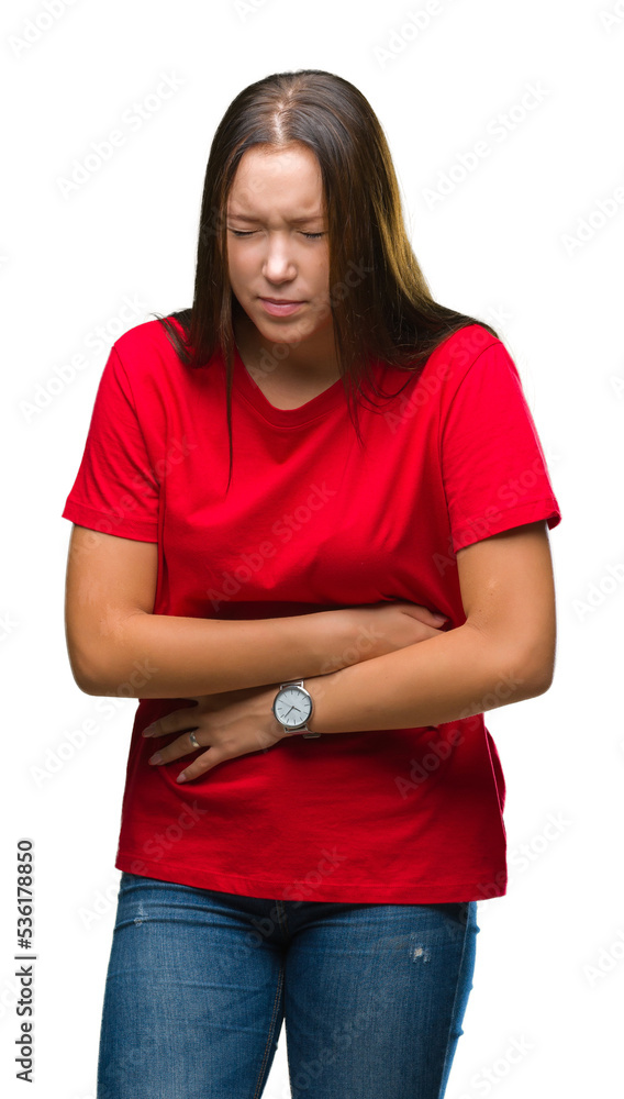 Young beautiful caucasian woman over isolated background with hand on stomach because nausea, painful disease feeling unwell. Ache concept. Young beautiful caucasian woman over isolated background with hand on stomach because nausea, painful disease feeling unwell. Ache concept.