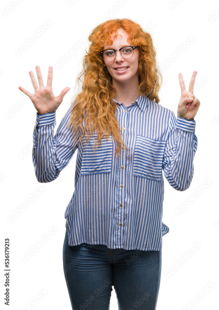 Young redhead bussines woman showing and pointing up with fingers number seven while smiling confident and happy. Young redhead bussines woman showing and pointing up with fingers number seven while smiling confident and happy.