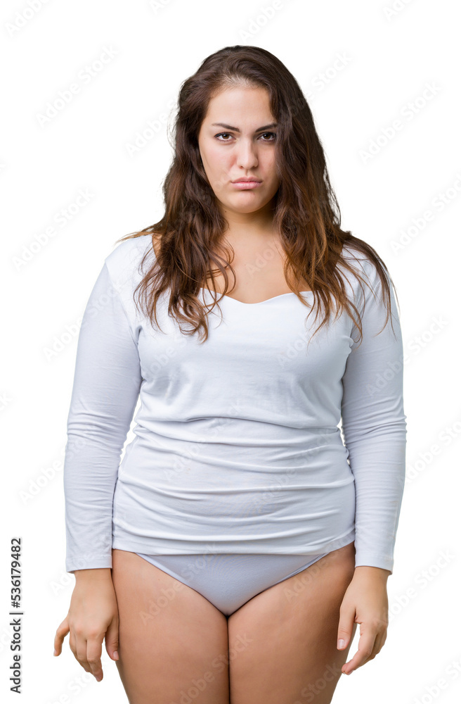 Beautiful plus size young overwight woman wearing white underwear over isolated background depressed and worry for distress, crying angry and afraid. Sad expression. Beautiful plus size young overwight woman wearing white underwear over isolated background depressed and worry for distress, crying angry and afraid. Sad expression.