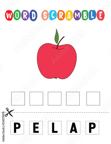 apple Word scramble . Educational game for kids. English language spelling worksheet for preschool children.