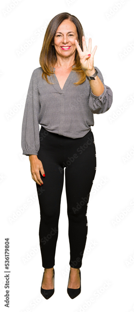 Beautiful middle age business woman showing and pointing up with fingers number four while smiling confident and happy.