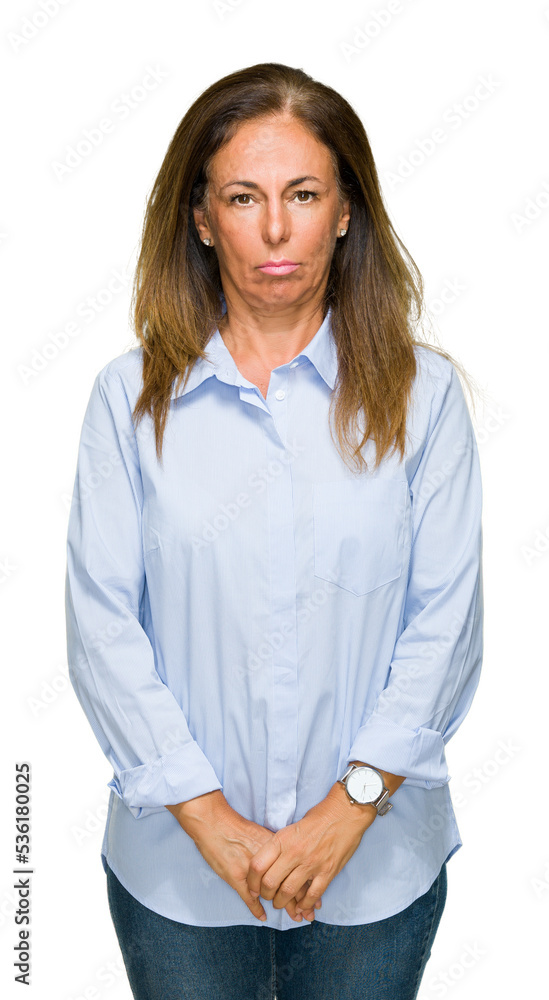 Beautiful middle age business adult woman over isolated background depressed and worry for distress, crying angry and afraid. Sad expression. Beautiful middle age business adult woman over isolated background depressed and worry for distress, crying angry and afraid. Sad expression.