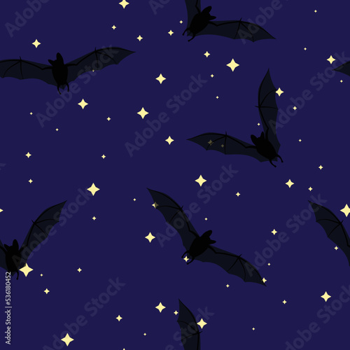 Flock of bats on the background of the starry sky, seamless vector pattern