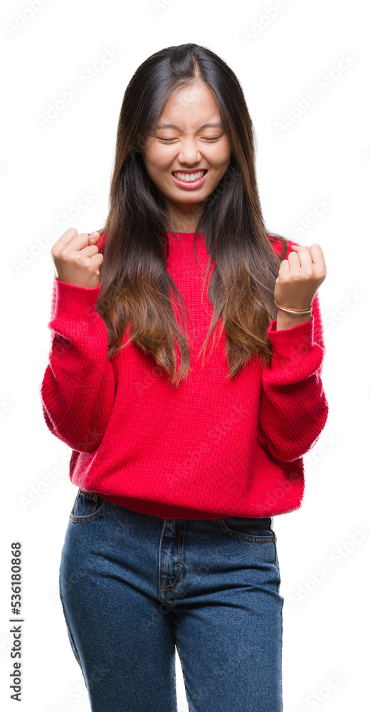 Young asian woman wearing winter sweater over isolated background very happy and excited doing winner gesture with arms raised, smiling and screaming for success. Celebration concept. Young asian woman wearing winter sweater over isolated background very happy and excited doing winner gesture with arms raised, smiling and screaming for success. Celebration concept.