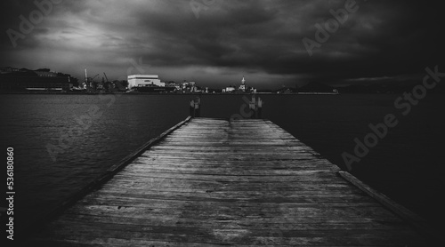 Black and white image of a pier and the ocean