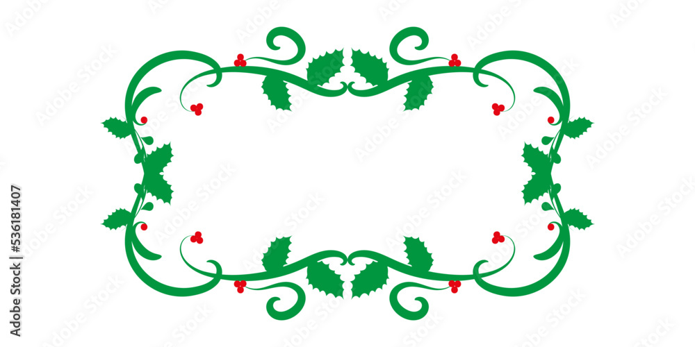 Christmas frame with holly leaves and berries. Decorative green frame with red berries isolated on white background. Element design. Vector illustration. Christmas frame with holly leaves and berries. Decorative green frame with red berries isolated on white background. Element design. Vector illustration.