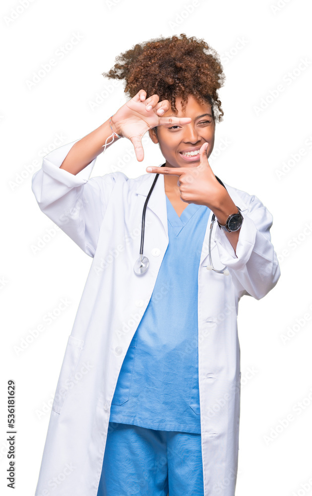 Young african american doctor woman over isolated background smiling making frame with hands and fingers with happy face. Creativity and photography concept. Young african american doctor woman over isolated background smiling making frame with hands and fingers with happy face. Creativity and photography concept.