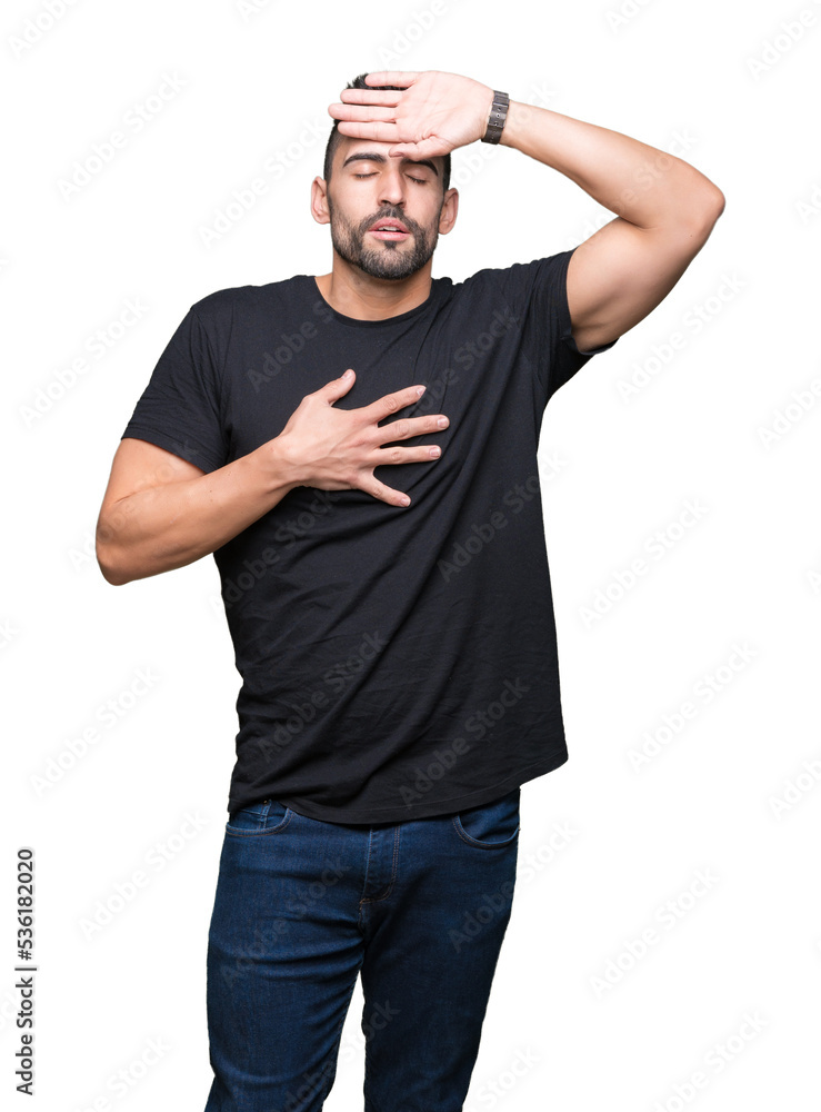 Young handsome man over isolated background Touching forehead for illness and fever, flu and cold, virus sick Young handsome man over isolated background Touching forehead for illness and fever, flu and cold, virus sick