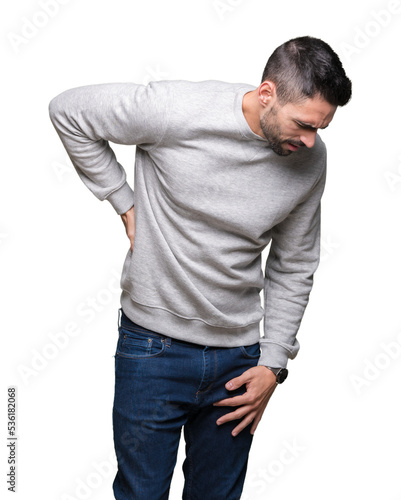Young handsome man wearing sweatshirt over isolated background Suffering of backache, touching back with hand, muscular pain