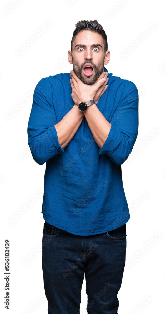 Young handsome man over isolated background shouting and suffocate because painful strangle. Health problem. Asphyxiate and suicide concept. Young handsome man over isolated background shouting and suffocate because painful strangle. Health problem. Asphyxiate and suicide concept.