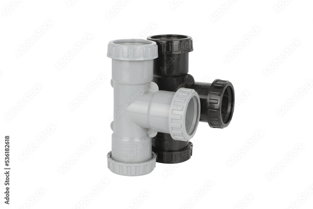 Plastic sewer pipe grey and white white background, isolated, 2 pieces
Plastic sewer pipe grey and white white background, isolated, 2 pieces