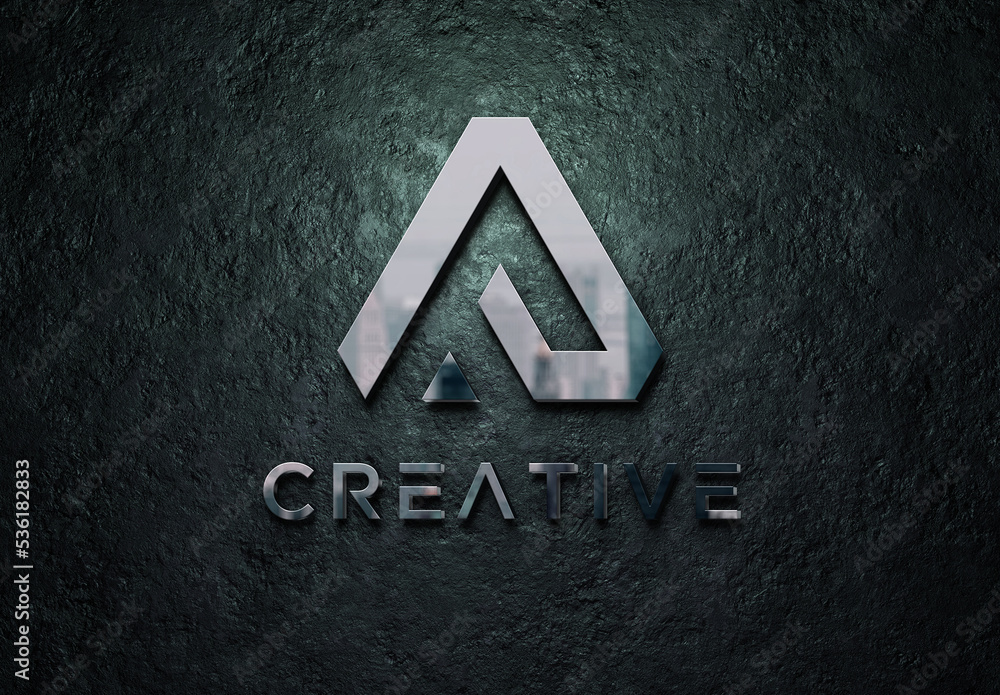 Metal Logo Mockup with 3D Reflection Effect on Dark Grunge Wall Stock ...