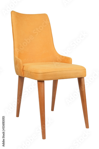 yellow leather chair,wooden legs, isolated on white background. modern yellow lounge side view, soft comfortable,White background 