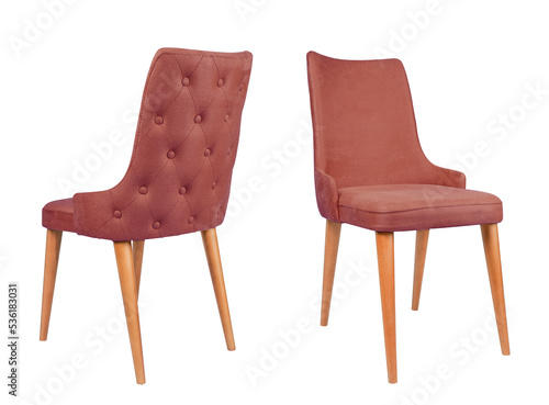 red leather chair,wooden legs, isolated on white background. modern yellow lounge side and back view, soft comfortable,White background 