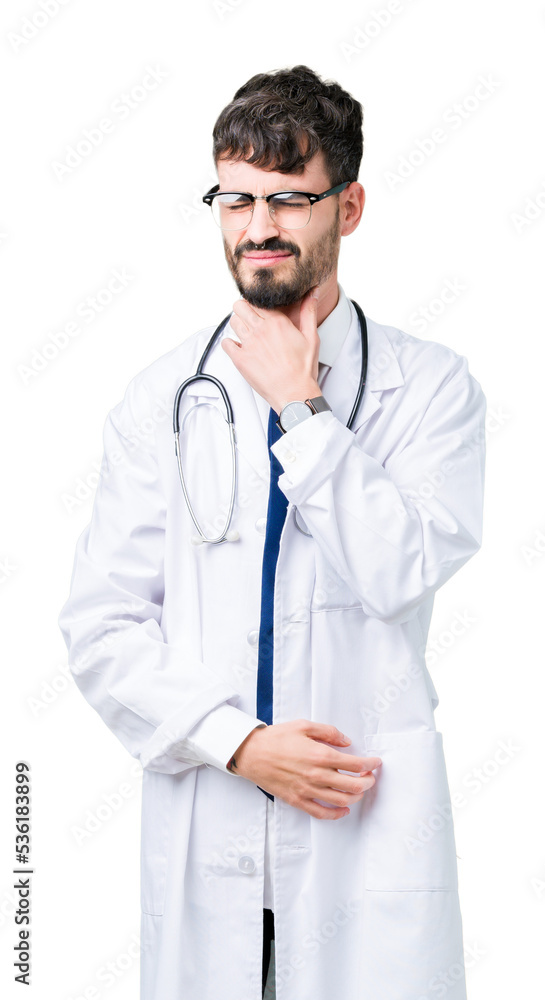 Young doctor man wearing hospital coat over isolated background Touching painful neck, sore throat for flu, clod and infection Young doctor man wearing hospital coat over isolated background Touching painful neck, sore throat for flu, clod and infection