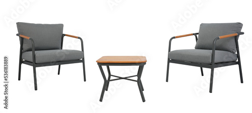 2 black sofa and table made of metal and Wood in the yard and garden,white background
