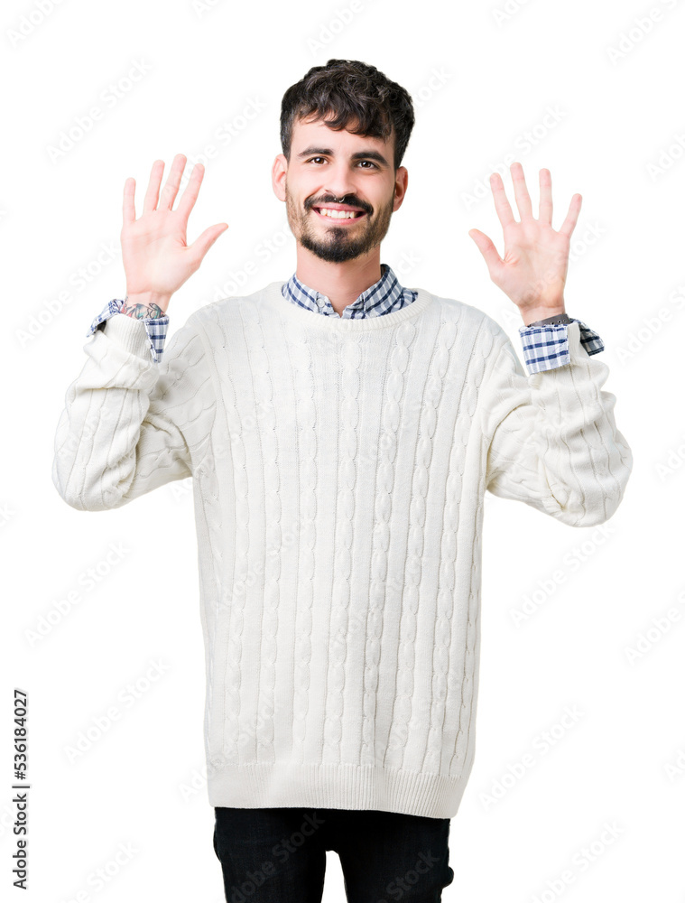 Young handsome man wearing winter sweater over isolated background showing and pointing up with fingers number ten while smiling confident and happy. Young handsome man wearing winter sweater over isolated background showing and pointing up with fingers number ten while smiling confident and happy.