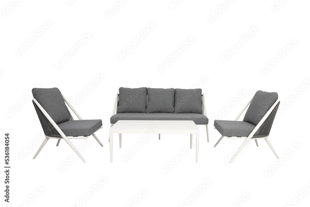 3 gray and white sofa and table made of metal in the yard and garden,gray pillow, white background
3 gray and white sofa and table made of metal in the yard and garden,gray pillow, white background