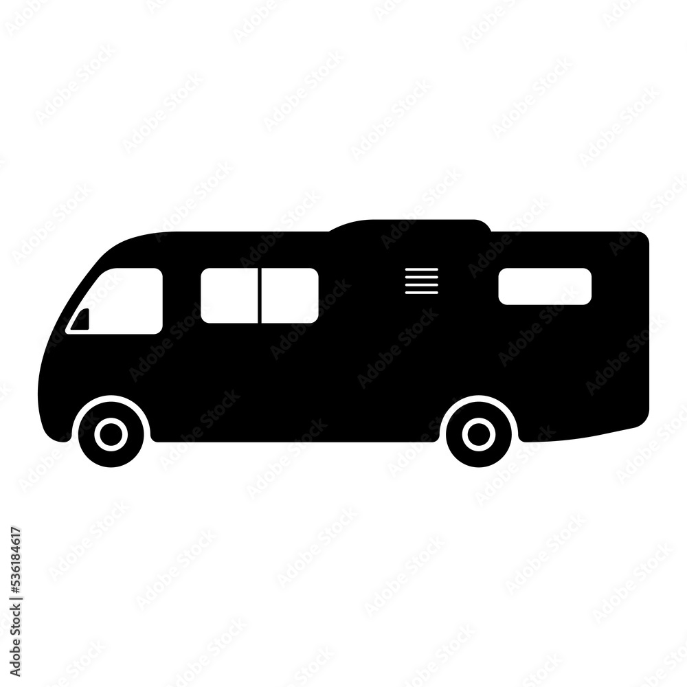 Motorhome icon. Camper, caravan. Black silhouette. Side view. Vector simple flat graphic illustration. Isolated object on a white background. Isolate.
