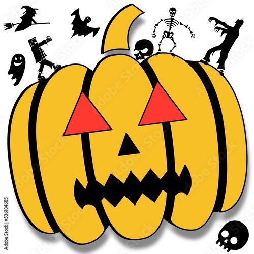 Monsters and a skeleton walking on a large pumpkin - a composite created for Halloween. 