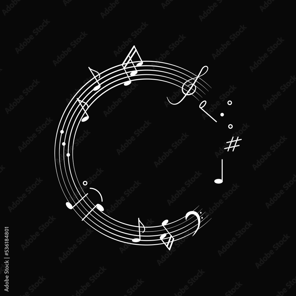 Music background doodle notes as round frame. Vector illustration with melody symbols, musical notes, treble clef in white on black background for design decoration Music background doodle notes as round frame. Vector illustration with melody symbols, musical notes, treble clef in white on black background for design decoration