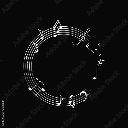 Music background doodle notes as round frame. Vector illustration with melody symbols, musical notes, treble clef in white on black background for design decoration