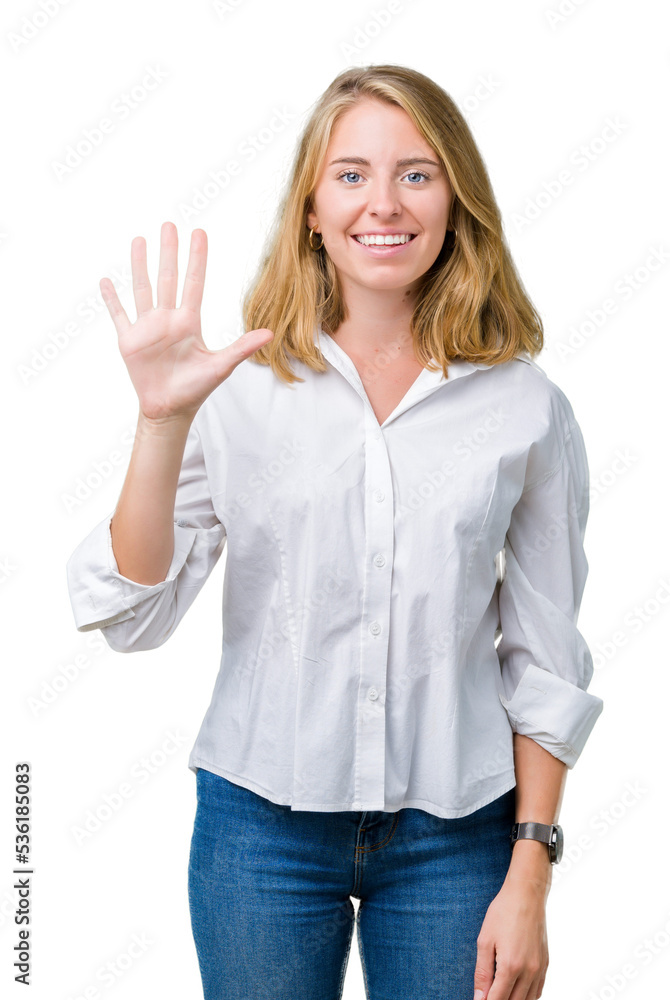 Beautiful young business woman over isolated background showing and pointing up with fingers number five while smiling confident and happy. Beautiful young business woman over isolated background showing and pointing up with fingers number five while smiling confident and happy.