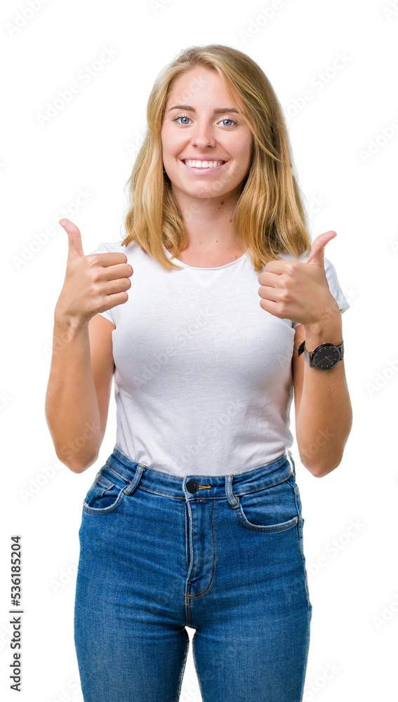 Beautiful young woman wearing casual white t-shirt over isolated background success sign doing positive gesture with hand, thumbs up smiling and happy. Looking at the camera with cheerful expression Beautiful young woman wearing casual white t-shirt over isolated background success sign doing positive gesture with hand, thumbs up smiling and happy. Looking at the camera with cheerful expression