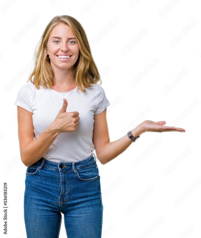 Beautiful young woman wearing casual white t-shirt over isolated background Showing palm hand and doing ok gesture with thumbs up, smiling happy and cheerful Beautiful young woman wearing casual white t-shirt over isolated background Showing palm hand and doing ok gesture with thumbs up, smiling happy and cheerful
