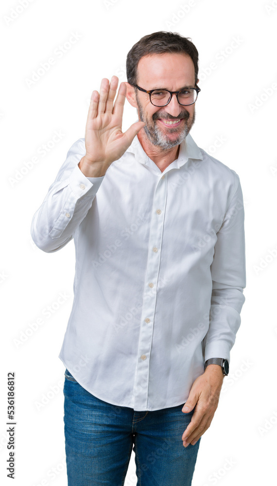 Handsome middle age elegant senior business man wearing glasses over isolated background Waiving saying hello happy and smiling, friendly welcome gesture Handsome middle age elegant senior business man wearing glasses over isolated background Waiving saying hello happy and smiling, friendly welcome gesture