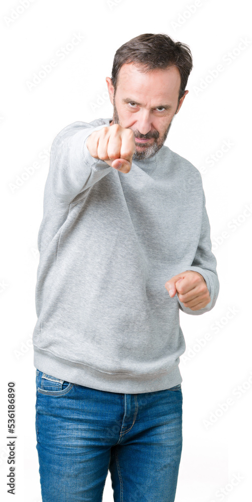 Handsome middle age senior man wearing a sweatshirt over isolated background Punching fist to fight, aggressive and angry attack, threat and violence Handsome middle age senior man wearing a sweatshirt over isolated background Punching fist to fight, aggressive and angry attack, threat and violence